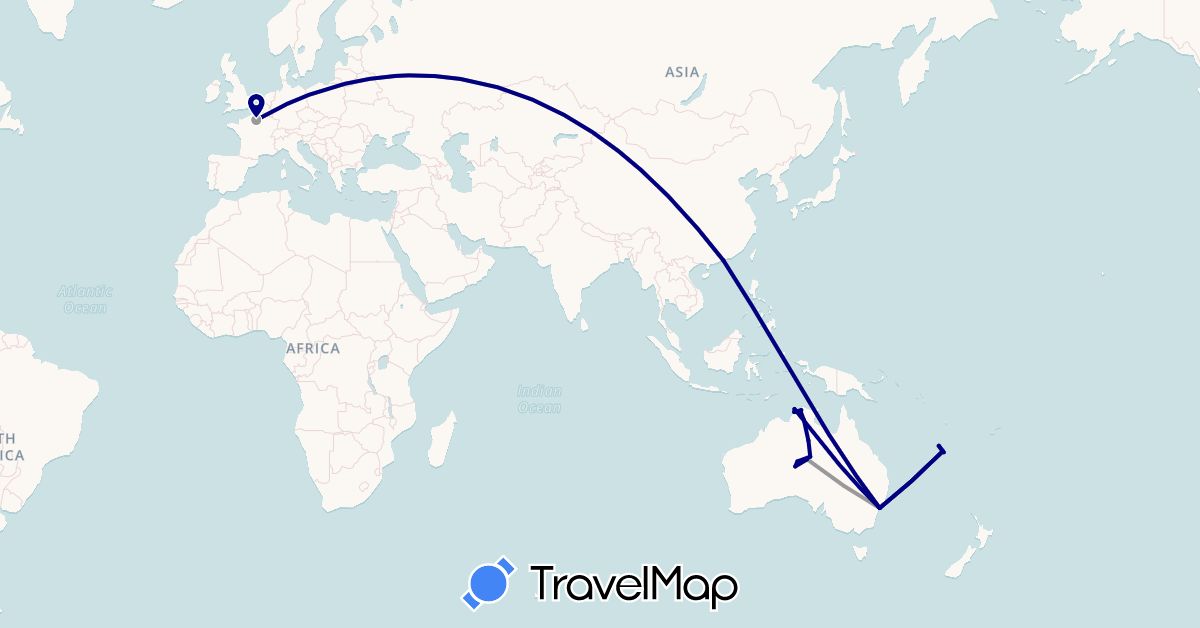 TravelMap itinerary: driving, plane in Australia, France, Hong Kong, New Caledonia (Asia, Europe, Oceania)